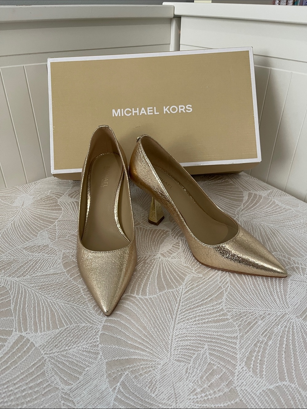 Michael Kors Metallic Gold Pointed Block Heel Pumps